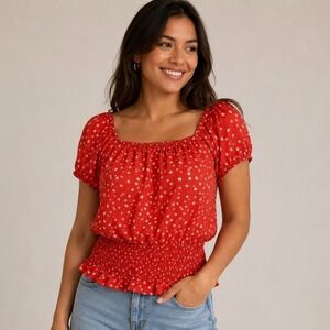 Red Floral Smocked Peplum Top Short Puff Sleeve Square Neck Daisy Print Blouse